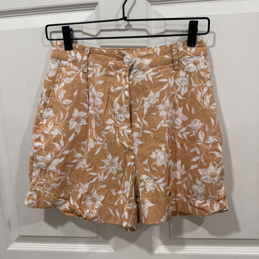 Rag & Bone Tan White Floral Linen Blend High Waisted Cuffed Shorts Size 2
